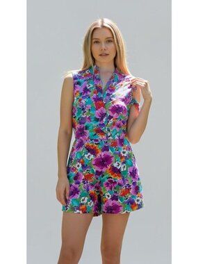 BY CHOICE Floral Romper Sleeveless Wrap Style Front Pleats Flow Shorts RARE Find